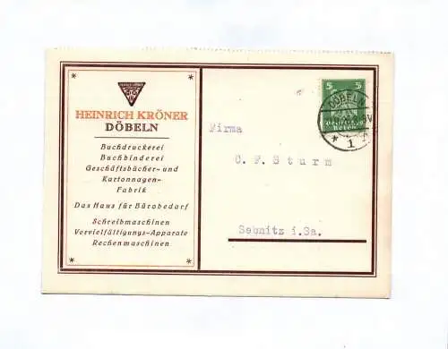 Postkarte Heinrich Kröner Döbeln Buchdruckerei 1926