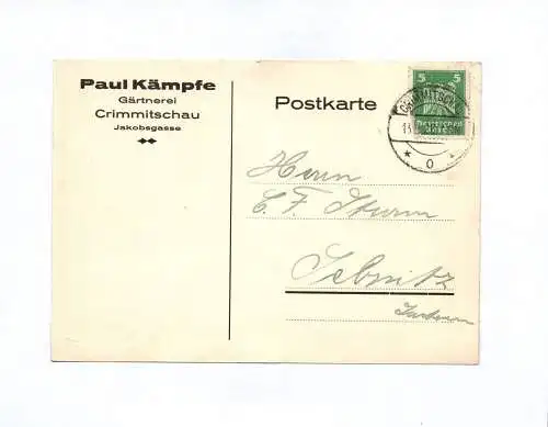 Postkarte Paul Kämpfe Gärtnerei Crimmitschau 1926