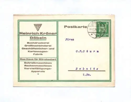 Heinrich Kröner Döbeln Buchdruckerei Postkarte 1926