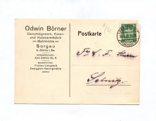 Postkarte Odwin Börner Dampfsägewerk Sorgau 1926