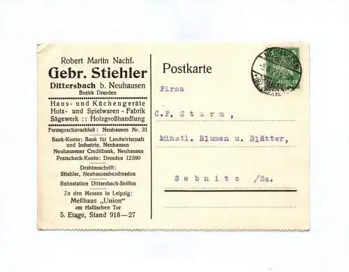 Postkarte Gebrüder Stiehler Dittersbach bei Neuhausen Haus Küchengeräte 1926