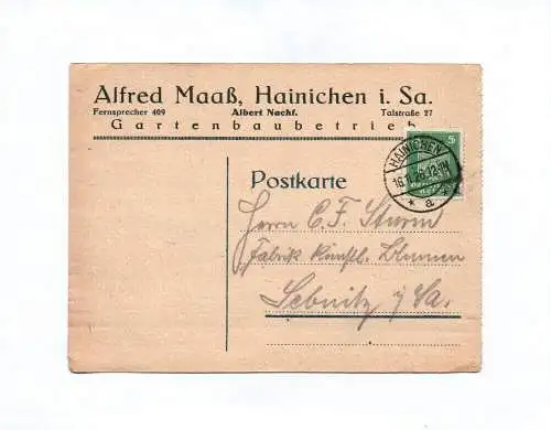 Postkarte Alfred Maaß Hainichen in Sachsen Gartenbaubetrieb 1926