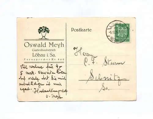 Postkarte Oswald Meyh Gartenbaubetrieb Löbau 1926