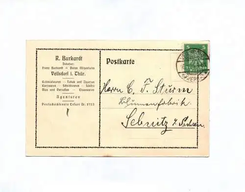 Postkarte R Burkardt Veilsdorf in Thüringen Kolonialwaren 1925