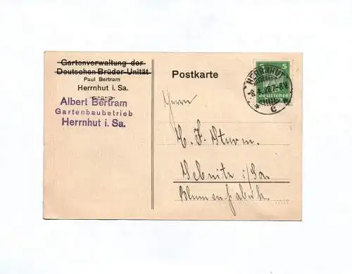 Postkarte Albert Bertram Gartenbaubetrieb Herrnhut in Sachsen 1926