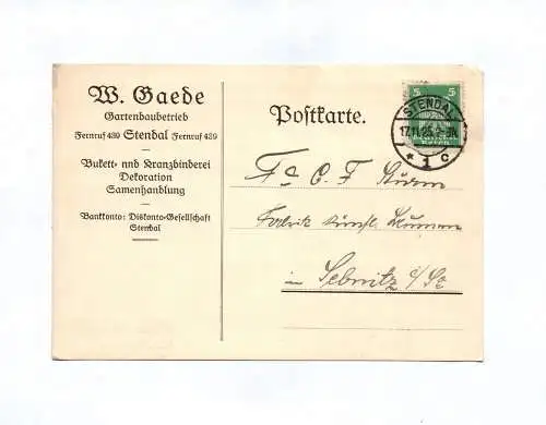 Postkarte W Raabe Gartenbaubetrieb Bulett und Kranzbinderei 1925