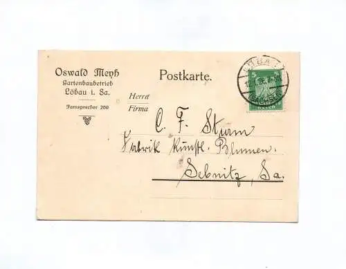 Postkarte Oswald Menh Gartenbaubetrieb Löbau in Sachsen 1926