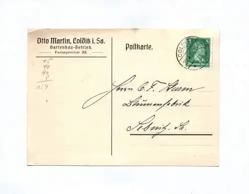 Postkarte Otto Martin Colditz in Sachsen Gartenbau Betrieb 1927