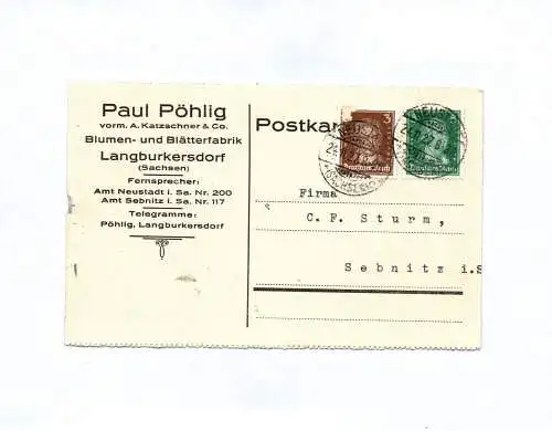 Postkarte Paul Pöhlig Blumen Blätterfabrik Langburkersdorf 1927