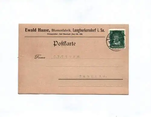Postkarte Ewald Haase Blumenfabrik Langburkersdorf in Sachsen 1927