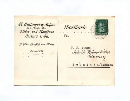 Postkarte A Süttinger und Söhne Möbel und Kaufhaus Leisnig in Sachsen 1927