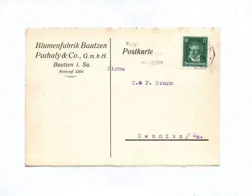 Postkarte Blumenfabrik Bautzen Pachaly Co GmbH in Sachsen 1927