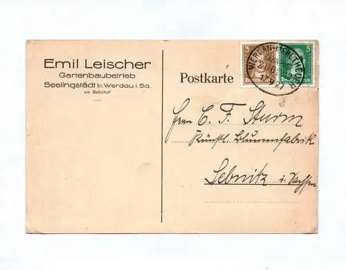 Postkarte Emil Leischer Gartenbaubetrieb Seelingstädt Werdau 1927