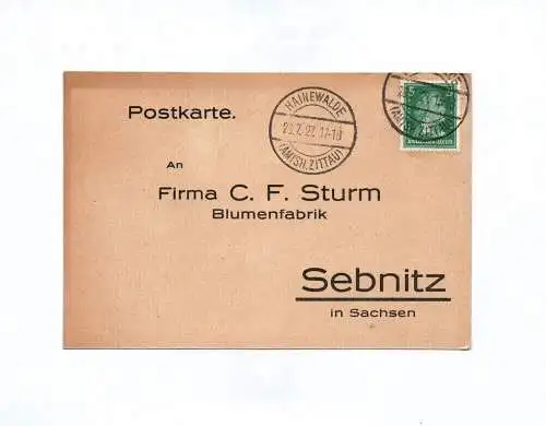 Postkarte Firma C F Sturm Blumenfabrik Sebnitz 1927