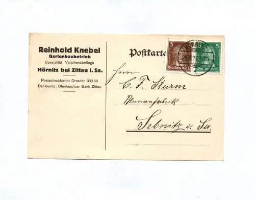 Postkarte Reinhold Knebel Gartenbaubetrieb Hörnitz bei Zittau 1927