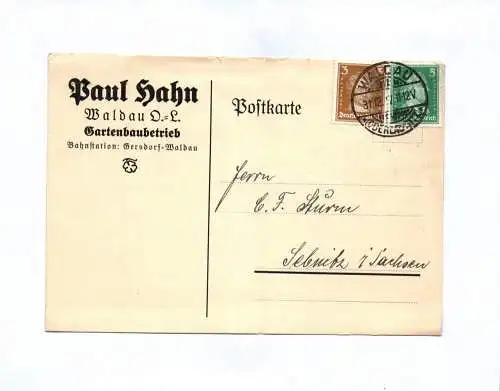 Postkarte Paul Hahn Waldau Gartenbaubetrieb 1927