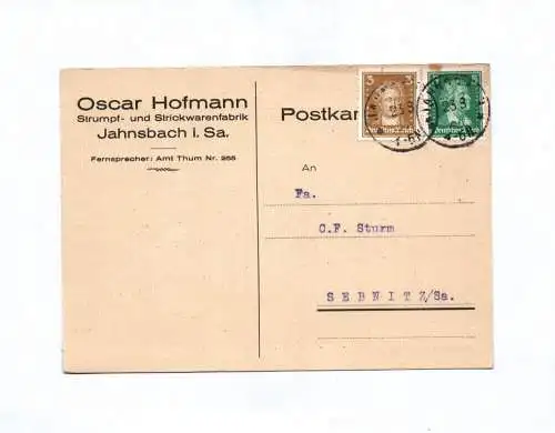 Postkarte Oscar Hofmann Strumpf Strickwarenfabrik Jahnsbach in Sachsen 1927