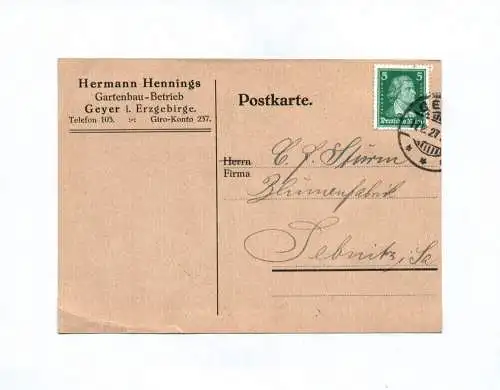 Postkarte Herrmann Hennings Gartenbau Betrieb Geyer Erzgebirge 1927