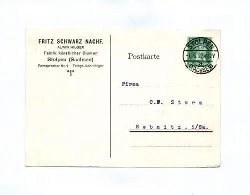 Postkarte Fritz Schwarz Fabrik künstlicher Blumen Stolpen Sachsen 1927