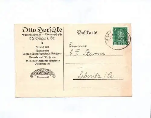 Postkarte Otto Horschte Gartenbaubetrieb Reichenau 1927