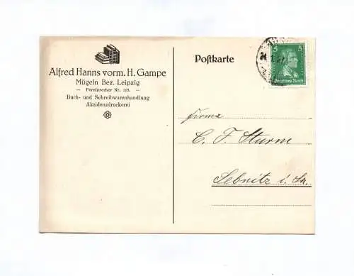 Postkarte Alfred Hanns vorm H Gampe Mügeln Schreibwarenhandlung 1927