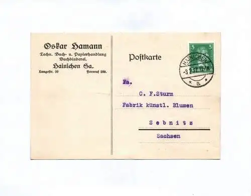 Postkarte Oskar Hamann Buch und Papierhandlung Hainichen Sachsen 1927