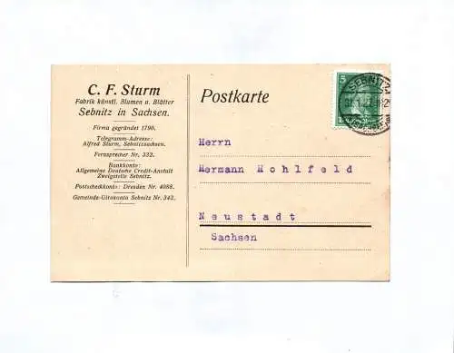 Postkarte C F Sturm Sebnitz in Sachsen Fabrik künstliche Blumen 1927
