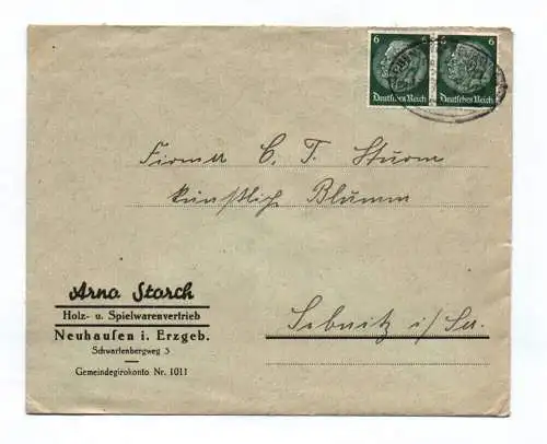 Brief Erno Storch Holz Spielwarenvertrieb Neuhaufen im Erzgebirge 1940