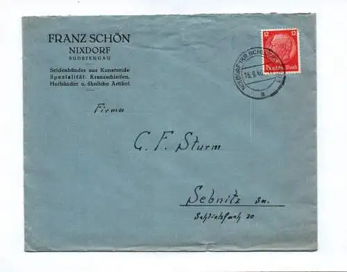 Brief Franz Schön Nixdorf Sudetengau Seidenbänder aus Kunstseide 1940