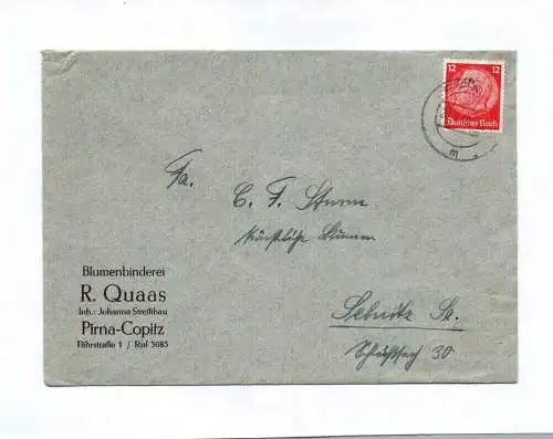 Brief Blumenbinderei R Quass Pirna Copitz 1940