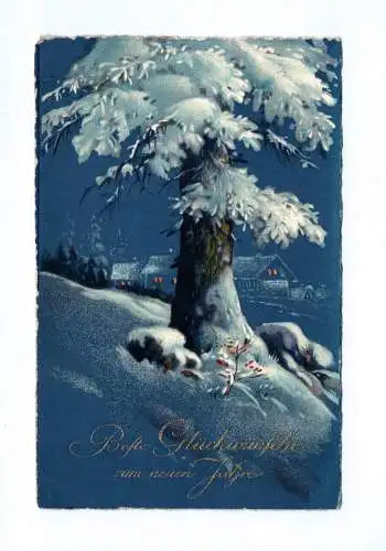 Künstler Ak Beste Glückwünsche zum neuen Jahre Baum Häuser Winternacht 1930