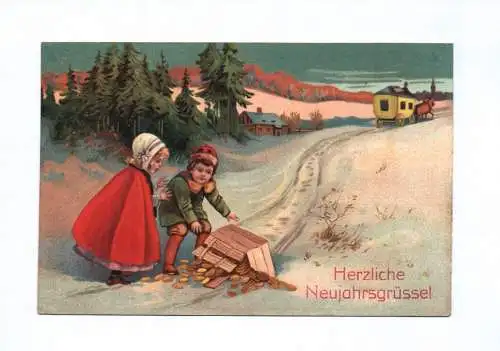 Künstler Ak Herzliche Neujahrsgrüsse 1917 Kinder mit Goldtalern im Schnee