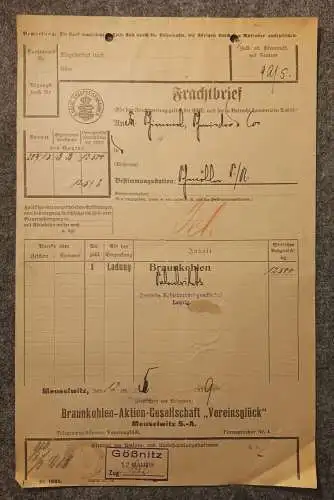 Frachtbrief 1919 Sächsische Staatseisenbahn Meuselwitz nach Schmölln