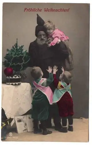 Künstler Ak Weihnachtsmann schwarzer Mantel mit Kind im Sack 1906