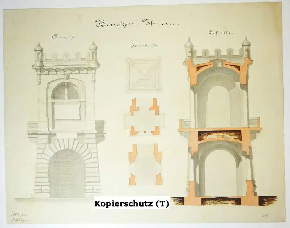 Architektur Handzeichnung Brücken Turm Zeichnung um 1870/80 Deko Vintage drawing 0
