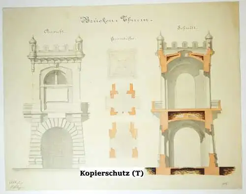 Architektur Handzeichnung Brücken Turm Zeichnung um 1870/80 Deko Vintage drawing
