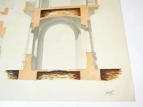 Architektur Handzeichnung Brücken Turm Zeichnung um 1870/80 Deko Vintage drawing