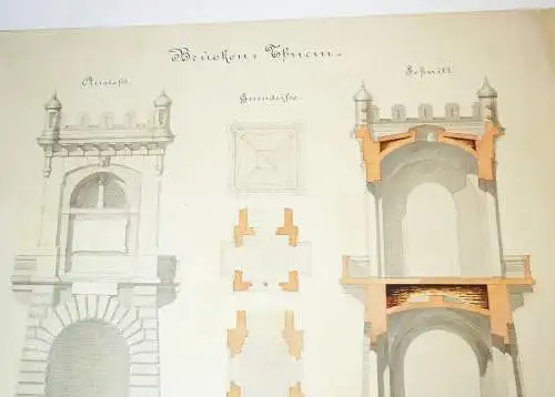 Architektur Handzeichnung Brücken Turm Zeichnung um 1870/80 Deko Vintage drawing