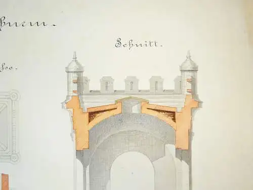 Architektur Handzeichnung Brücken Turm Zeichnung um 1870/80 Deko Vintage drawing