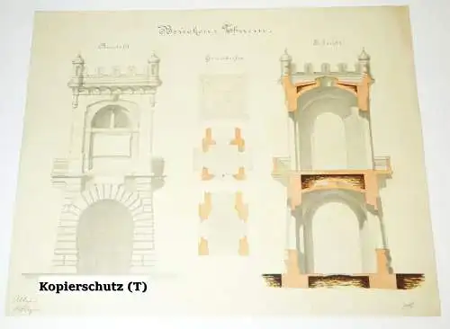 Architektur Handzeichnung Brücken Turm Zeichnung um 1870/80 Deko Vintage drawing