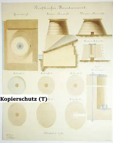 Architektur Handzeichnung Drehkran Fundament Zeichnung um 1870/80 Deko Vintage