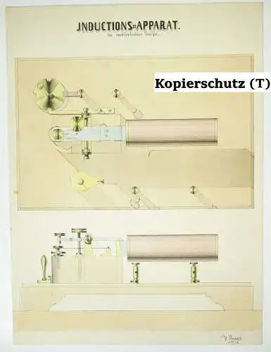 Technische Handzeichnung Induktionsapparat Physik Zeichnung 1872 Deko Vintage