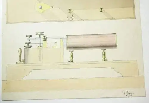 Technische Handzeichnung Induktionsapparat Physik Zeichnung 1872 Deko Vintage