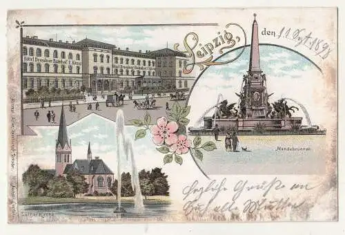 Litho AkLeipzig 1898 Hotel Dresdner Bahnhof F.König Bahnpost nach Dresden (A3841