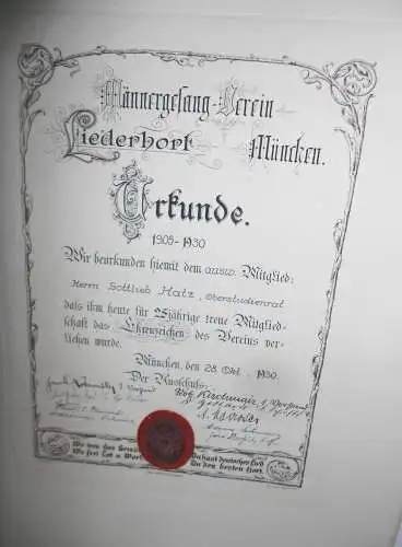 Ehrenzeichen Urkunde Männer Gesangverein Liederhort München 1930 Siegel