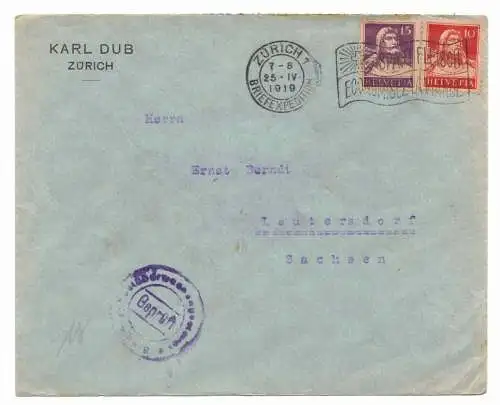 Brief Karl Dub Zürich Schweiz Geprüft Zensur Stempel Mischfrankatur 1919 (B7