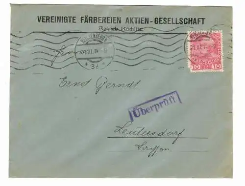 Brief 1914 vereinigte Färbereien Röchlitz Reichenberg Böhmen Kuk Zensur (B7