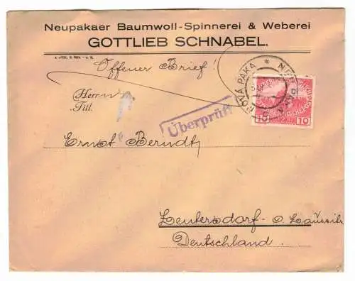 Brief Neupaka Baumwoll Spinnerei & Weberei Gottlieb Schnabel KuK Zensur (B7