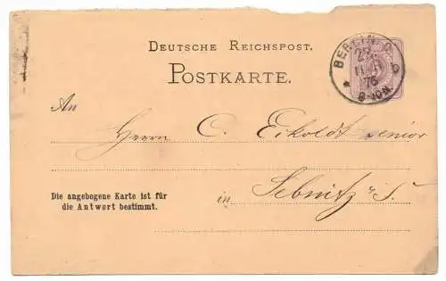 Ganzsache P11F Berlin Zudruck Wys Muller & Co. Privatzudruck 1876 DR (B7