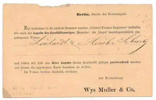 Ganzsache P11F Berlin Zudruck Wys Muller & Co. Privatzudruck 1876 DR (B7